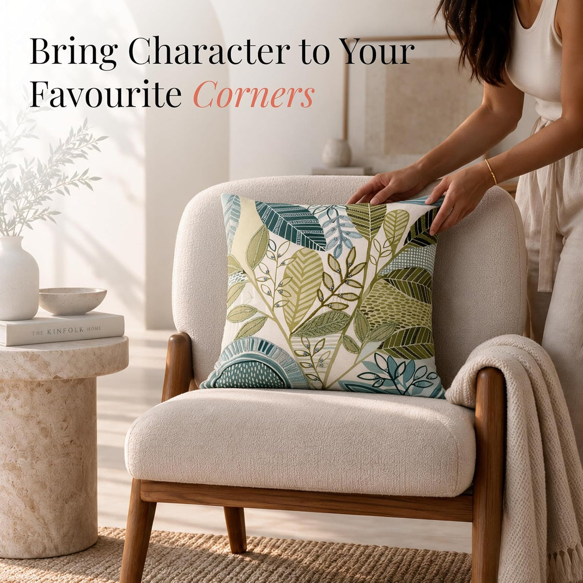 HOKIPO Chenille Embroidery Cushion Cover, Leafscape Green, 16 x 16 in - image 2