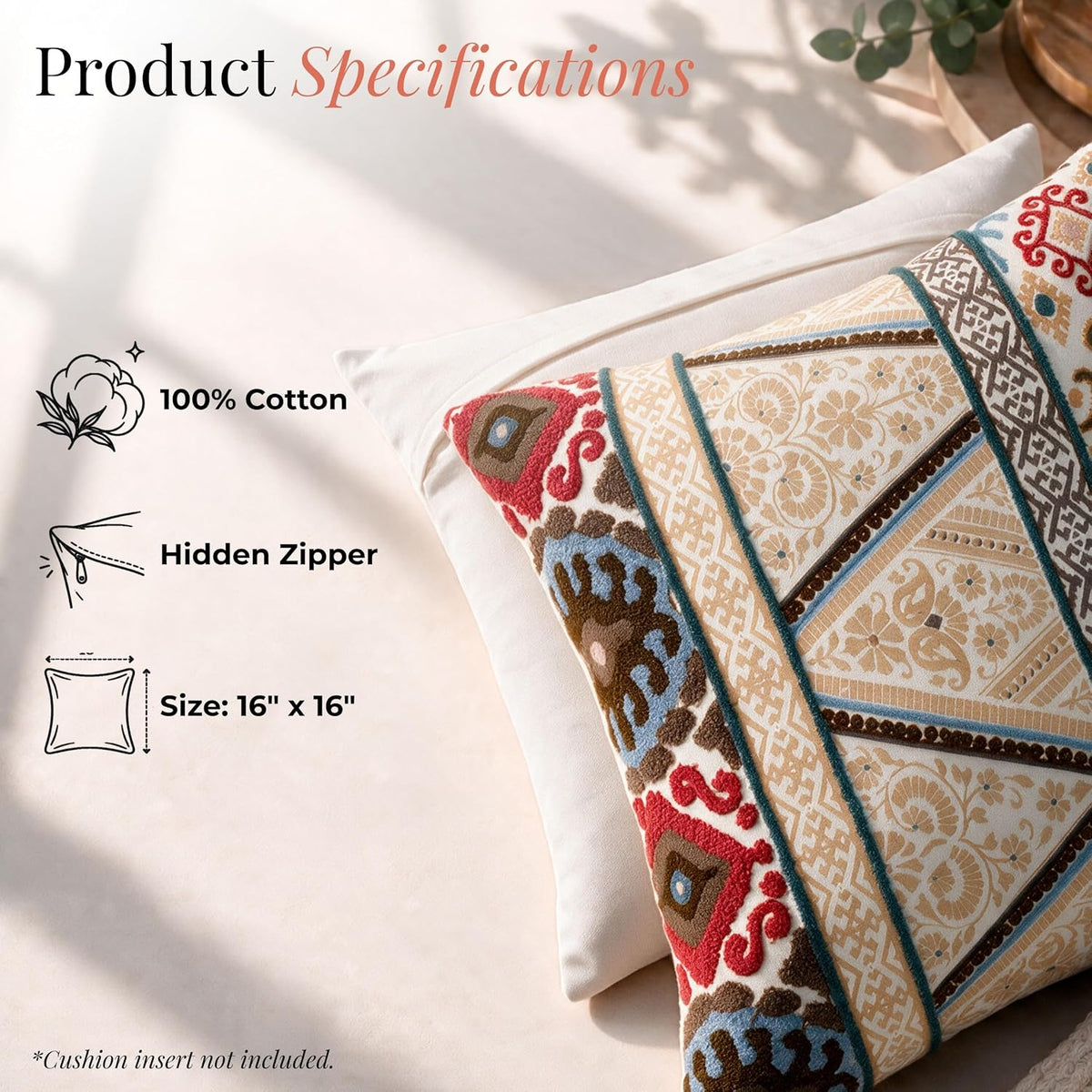 HOKIPO Bouclé Embroidered Cushion Cover, Geometric Stripe Beige, 16 x 16 in - image 4