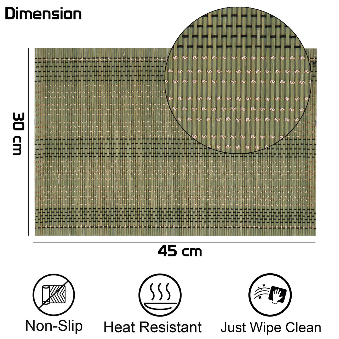 Reversible Bamboo Table Mats for Dining Table, Set of 6 Placemats, 45x30 cm, Moss Green