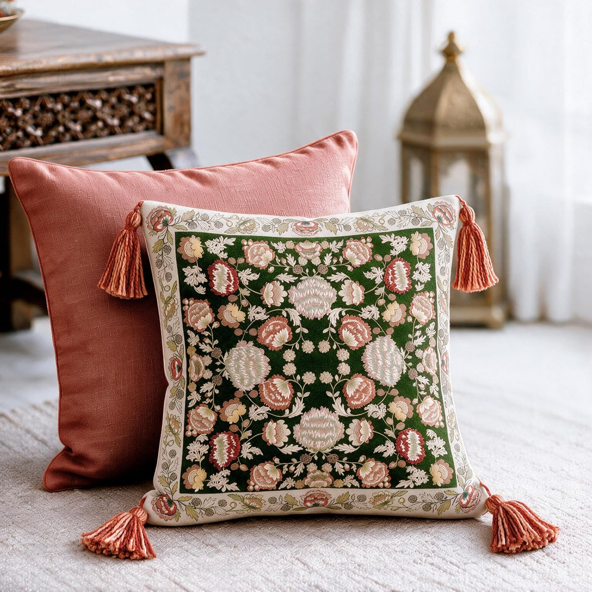 HOKIPO Garden Floral Printed & Embroidered Cushion Cover, Terracotta, Set of 2 - image 8