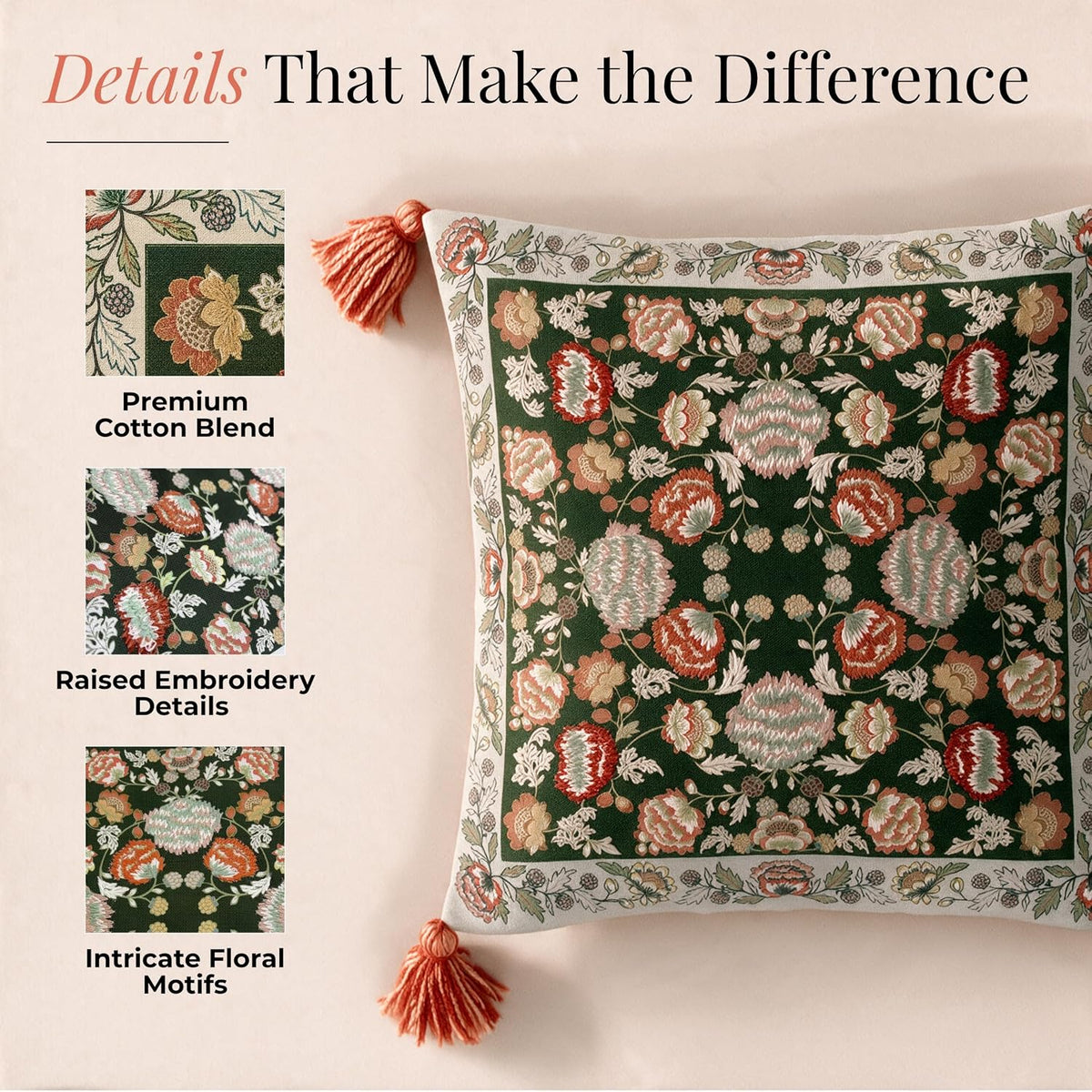 HOKIPO Garden Floral Printed & Embroidered Cushion Cover, Terracotta, Set of 2 - image 3