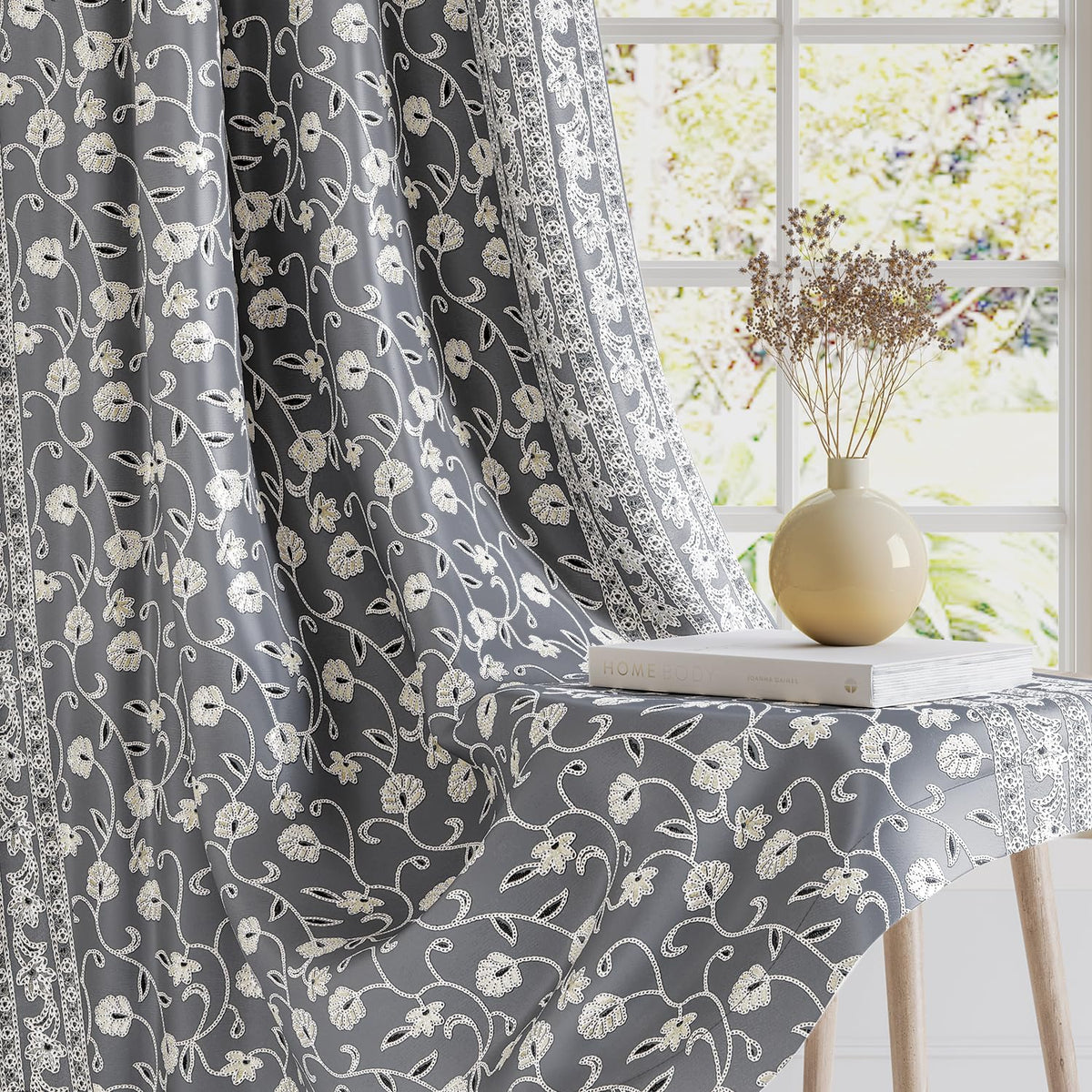 HOKIPO Shahi Bagh Eyelet Curtains, 7 Feet Long - Charcoal Grey