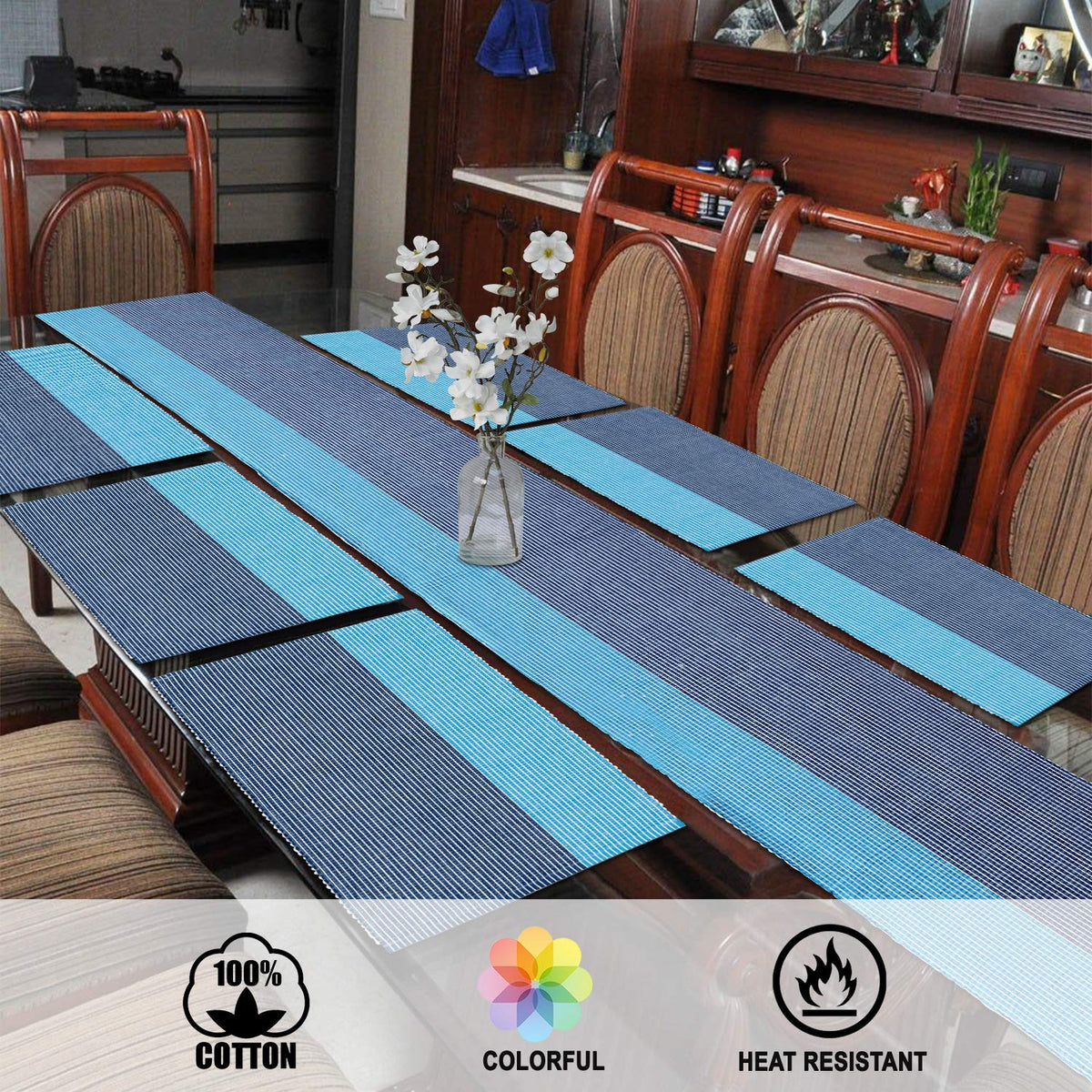 Ribbed Cotton Heat Resistant Dining Table Mat, Sky Blue