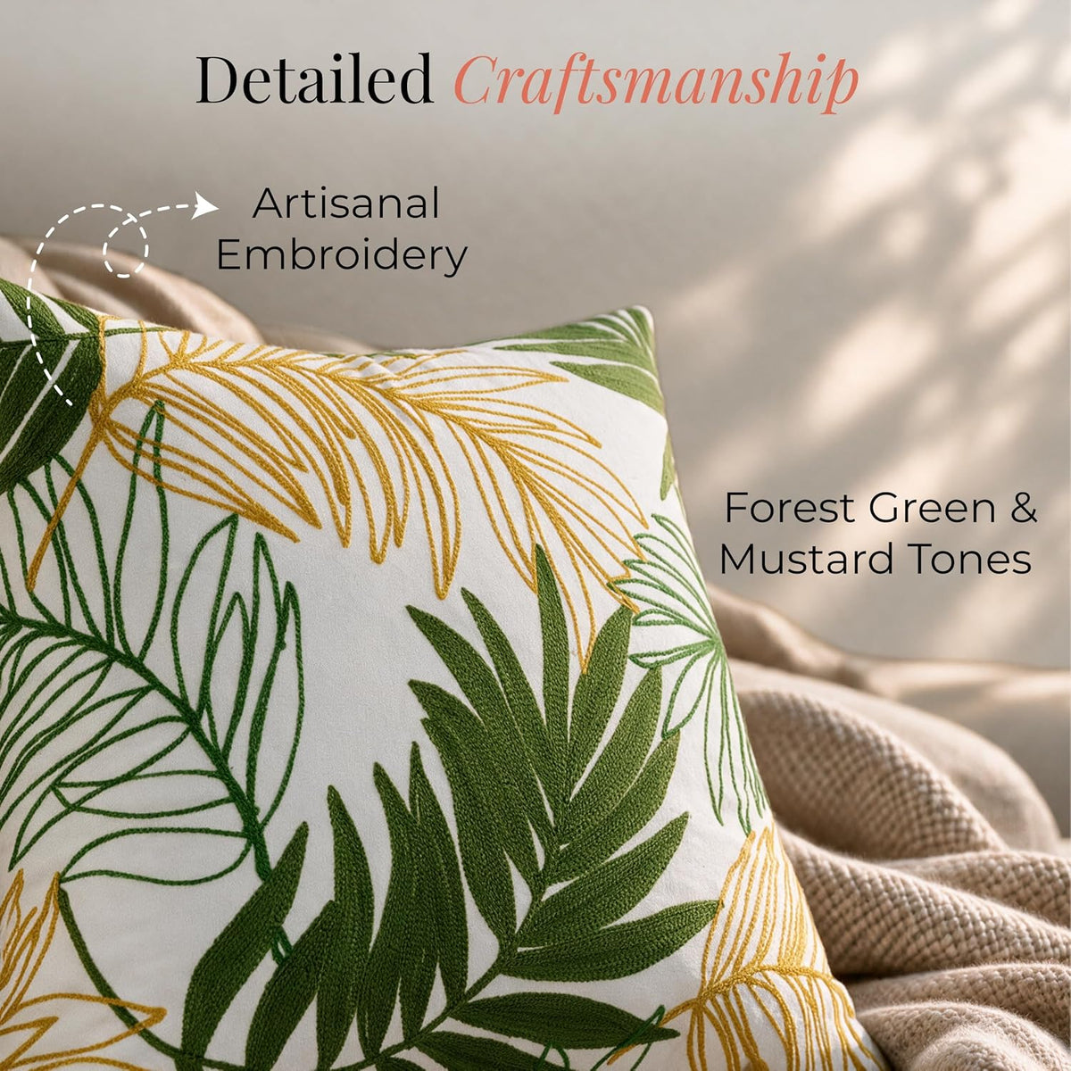 HOKIPO Crewel Embroidered Cushion Cover, Green & Mustard, 16 x 16 in - image 3