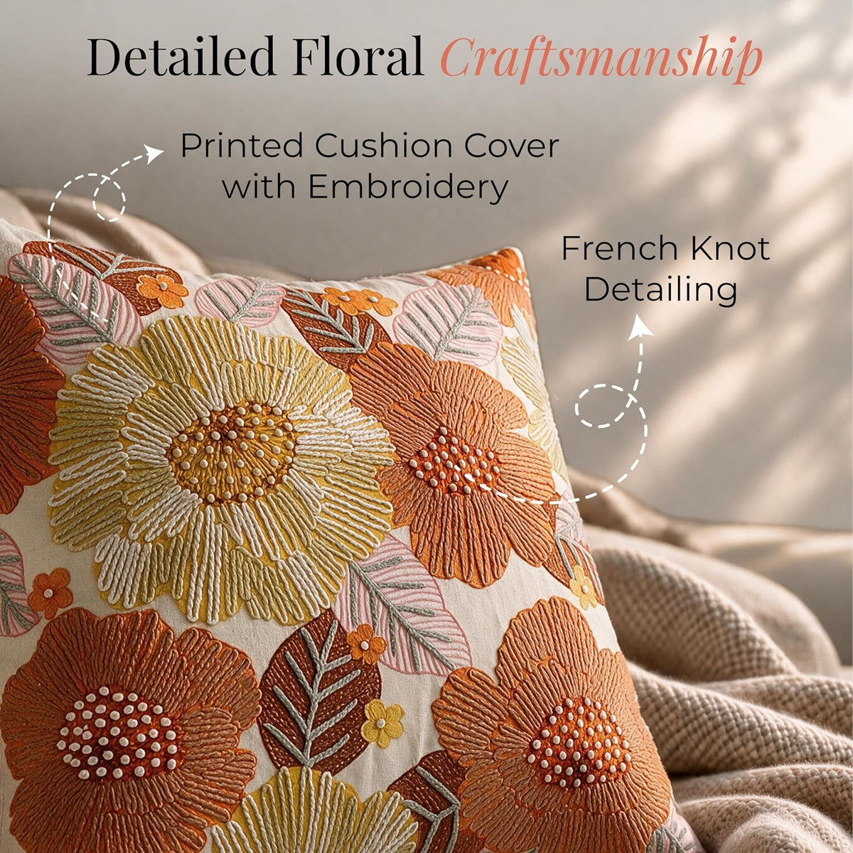 HOKIPO Printed Cushion Cover with Embroidery, Tropical Bloom Orange, 16 x 16 in - image 3