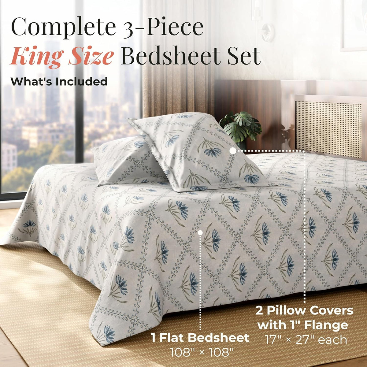 HOKIPO King Size Cotton Bedsheet, 2 Pillow Covers, Lotus, Slate Blue - image 7