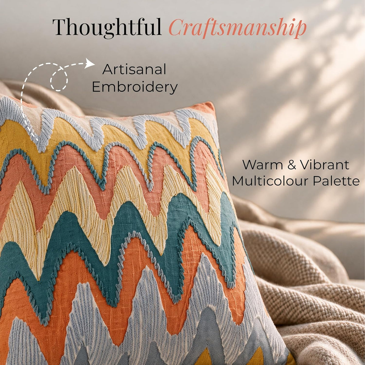 HOKIPO Printed Cushion Cover with Embroidery, Chevron Zigzag Multicolor, 16 x 16 in - image 3