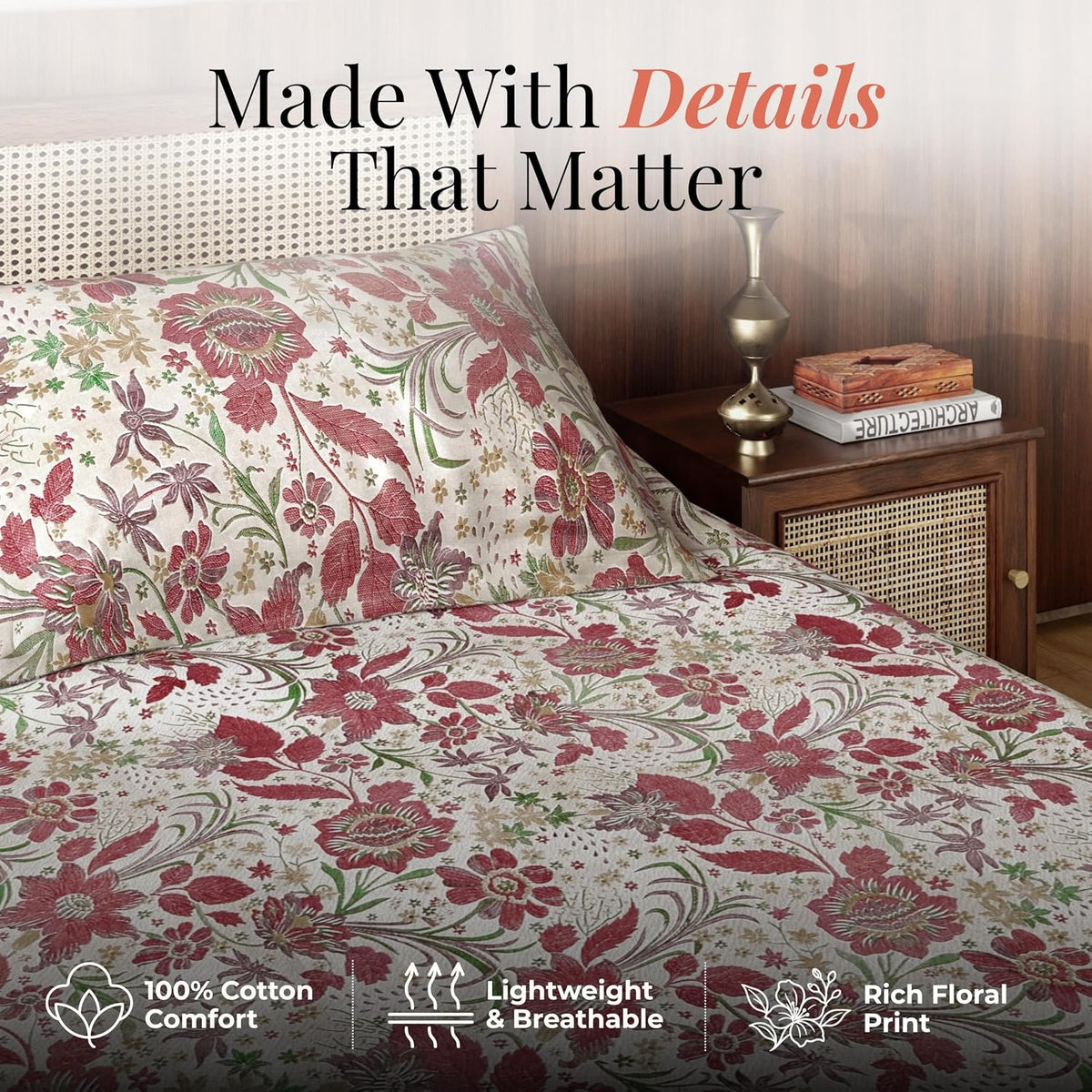 HOKIPO King Size Cotton Bedsheet, 2 Pillow Covers, Etched Floral, Raspberry - image 4