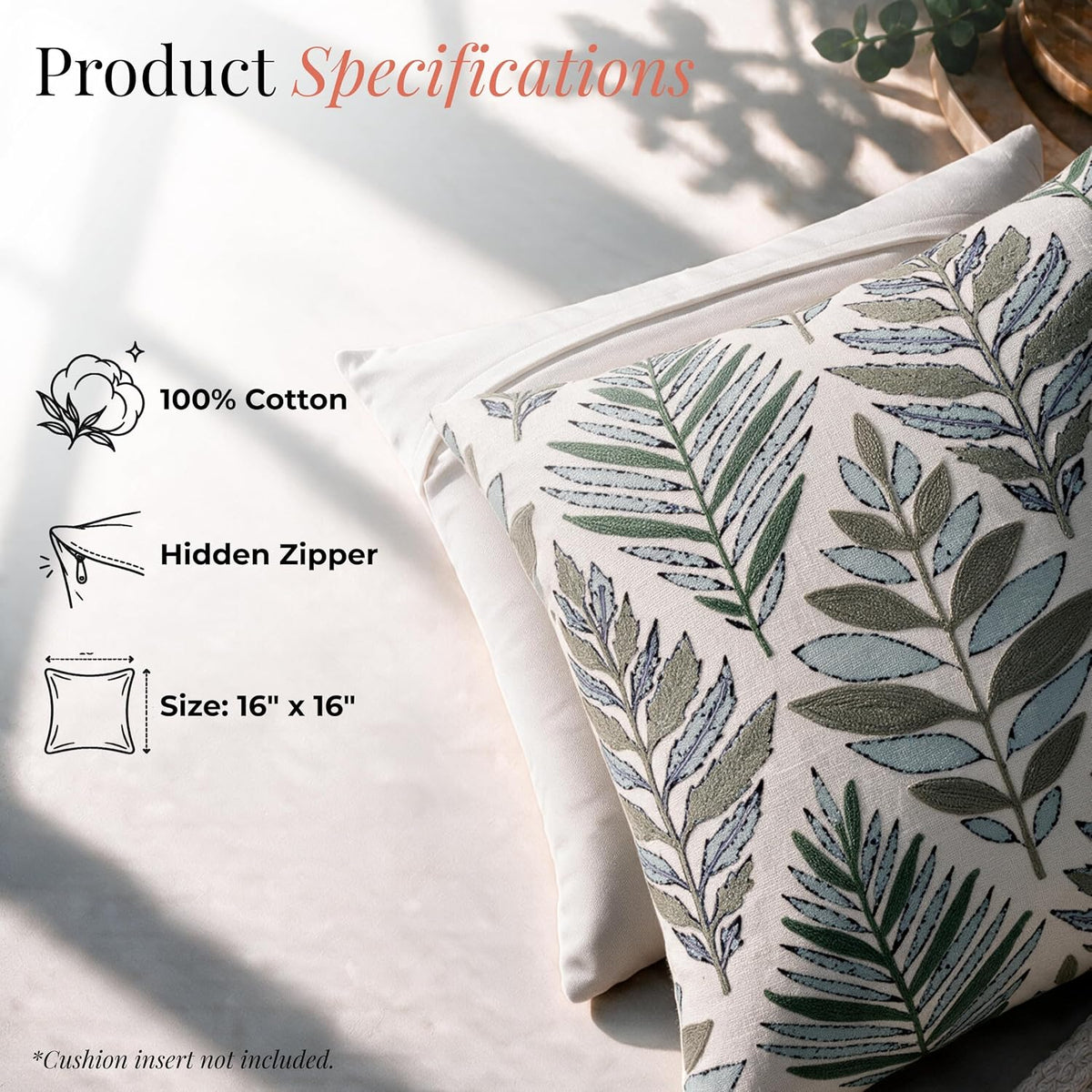 HOKIPO Printed Cushion Cover with Crewel Embroidery, Botanical Leaf Ivory, 16 x 16 in - image 4