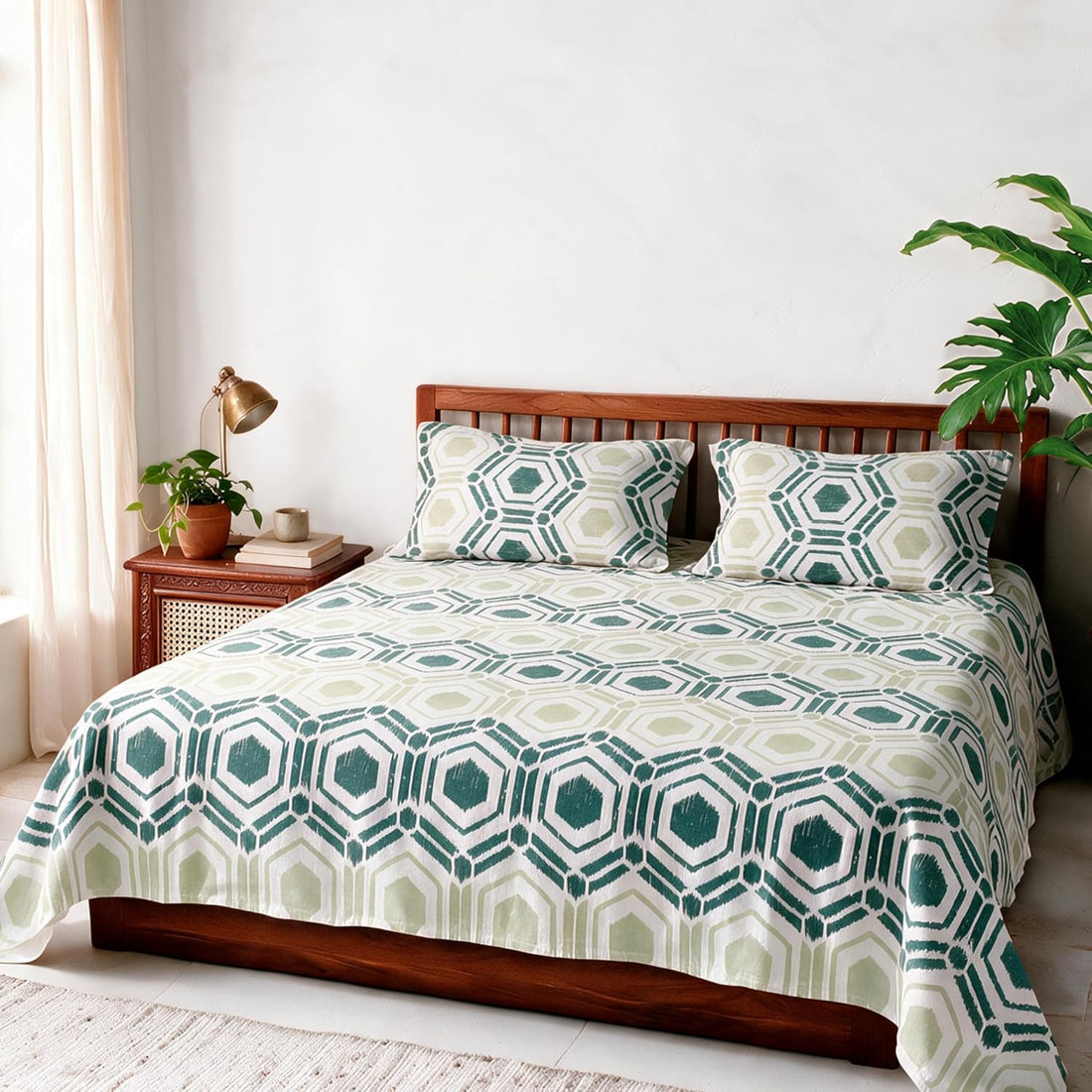 HOKIPO Geometric 180 TC Cotton Percale Flat Bedsheet, King Size, Green Teal - image 1