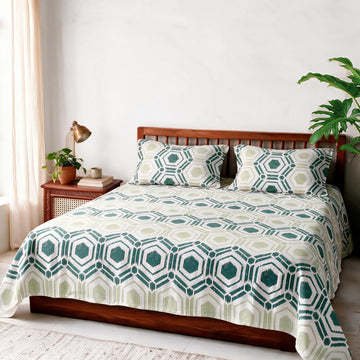 HOKIPO Geometric 180 TC Cotton Percale Flat Bedsheet, King Size, Green Teal - image 1