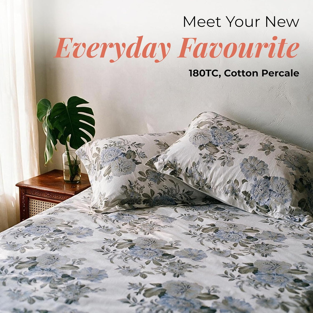 HOKIPO Vintage 180 TC Cotton Percale Flat Bedsheet, King Size, Blue & Grey - image 2