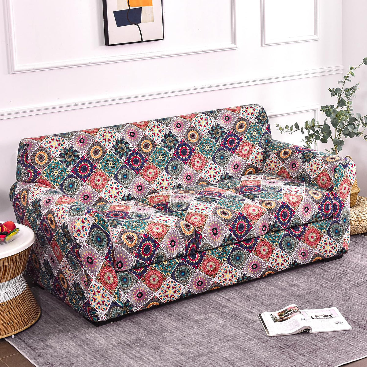 Printed Stretchable Sofa Slipcover with 1/2/3 Pc Separate Seat Cushion Cover for each 1/2/3 Seater, Spectrum Mosaic Magic
