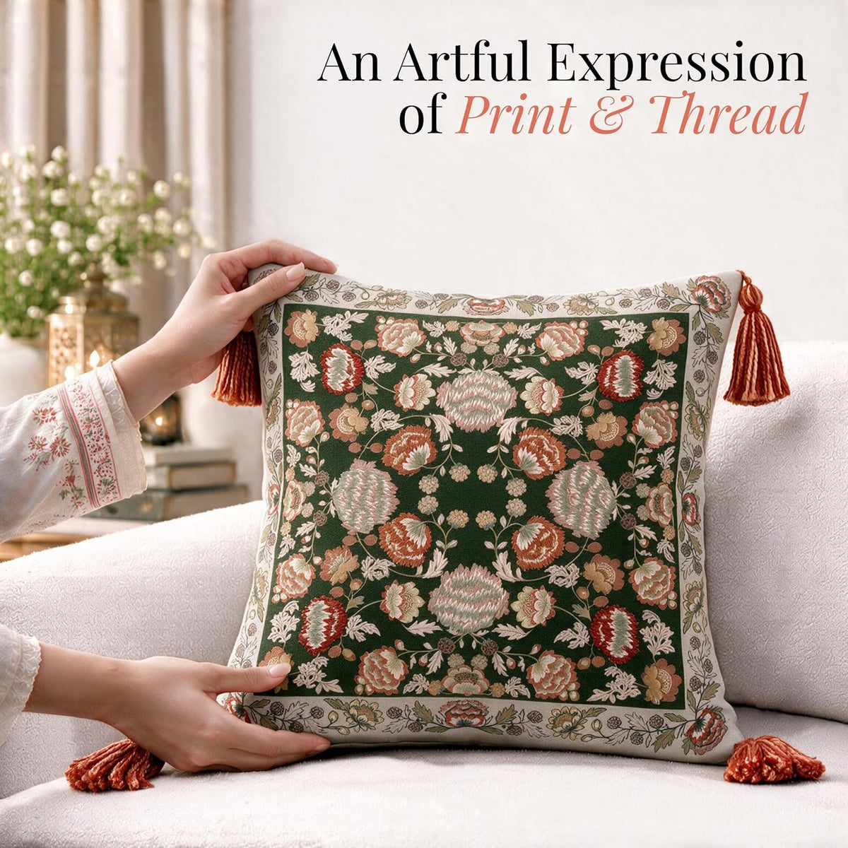 HOKIPO Garden Floral Printed & Embroidered Cushion Cover, Terracotta, Set of 2 - image 2