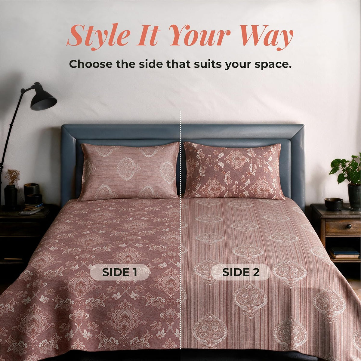 HOKIPO King Size Cotton Bedsheet, 2 Pillow Covers, Reversible, Rose - image 3