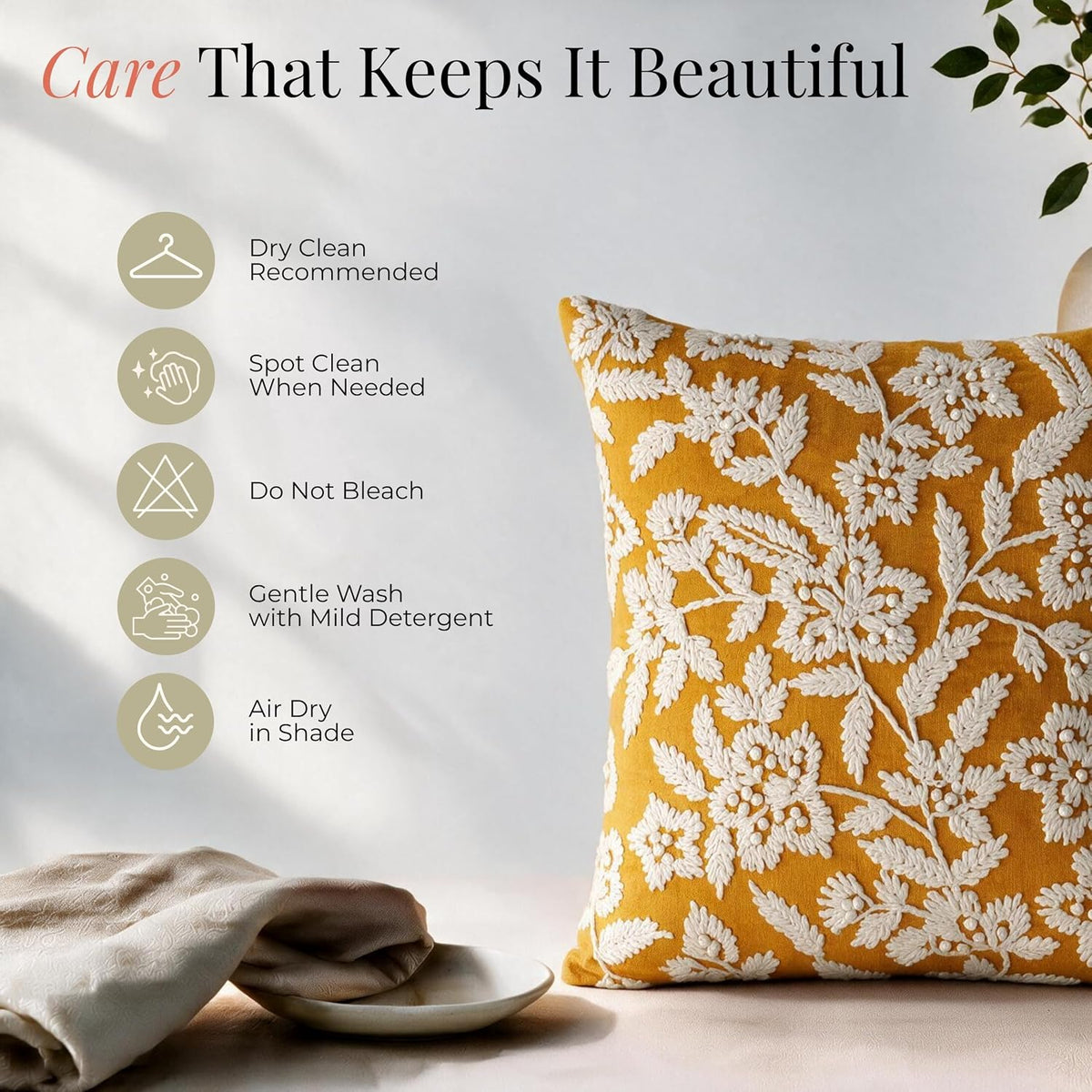 HOKIPO Cord Embroidered Cushion Cover, Floral Mustard Yellow, 16 x 16 in - image 6