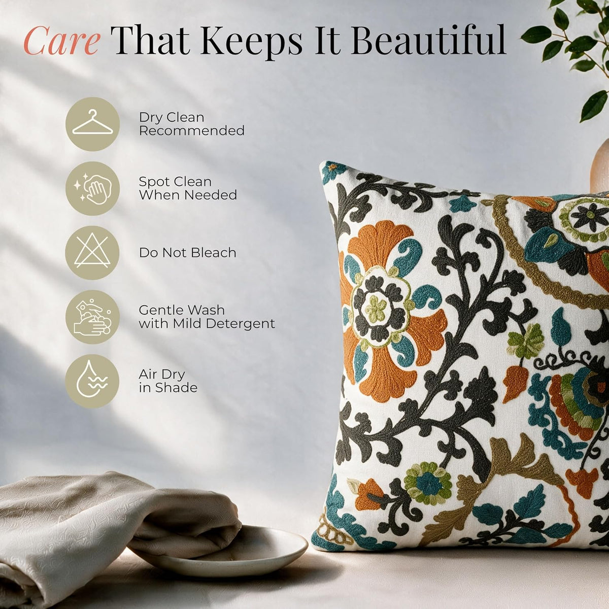 HOKIPO Crewel Embroidered Cushion Cover, Botanical Vine Grey, 16 x 16 in - image 6