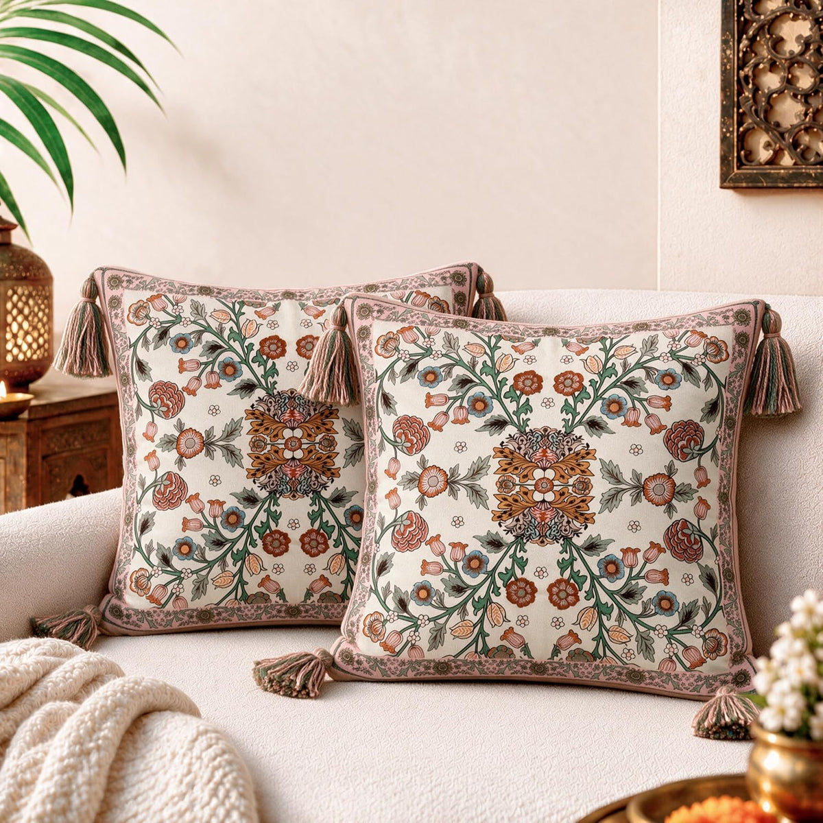 HOKIPO Floral Heritage Printed & Embroidered Cushion Cover, Saffron, Set of 2 - image 1