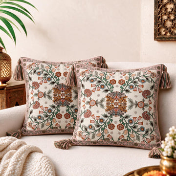 HOKIPO Floral Heritage Printed & Embroidered Cushion Cover, Saffron, Set of 2 - image 1