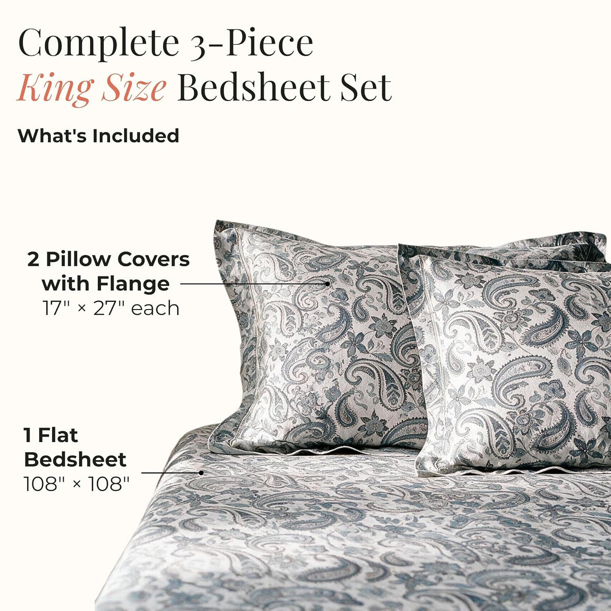 HOKIPO Timeless Paisley 300 TC Cotton Sateen Flat Bedsheet, King Size, Grey - image 5