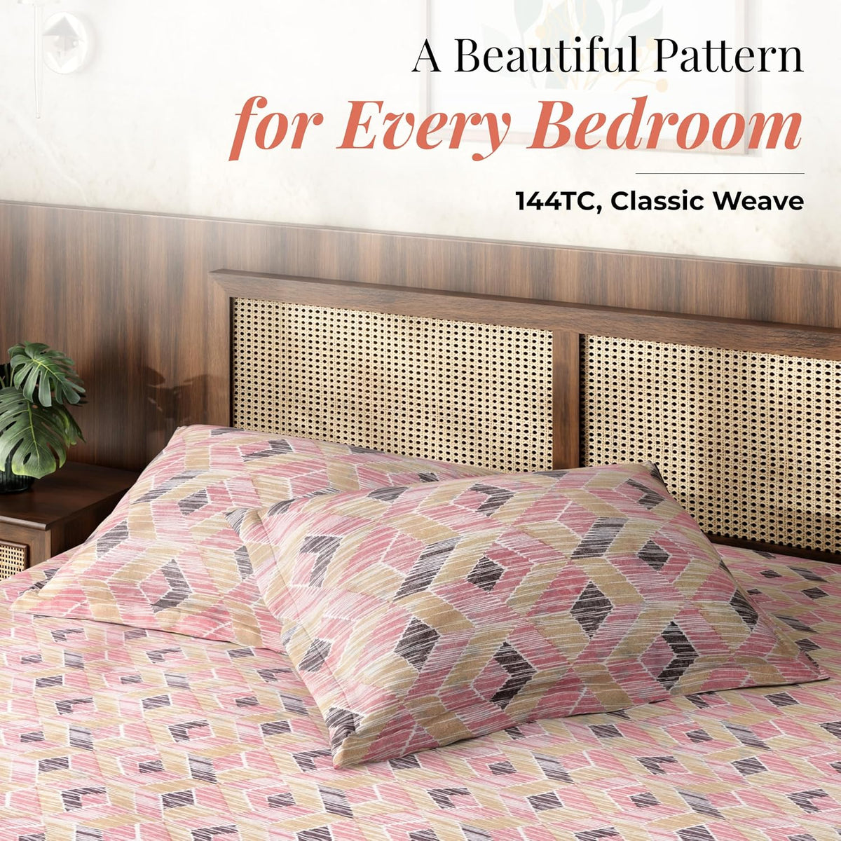 HOKIPO King Size Cotton Bedsheet, 2 Pillow Covers, Geometric, Blush Sand - image 2