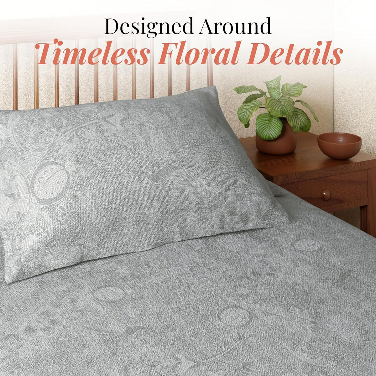 HOKIPO King Size Cotton Bedsheet, 2 Pillow Covers, Floral, Grey & Ivory - image 2