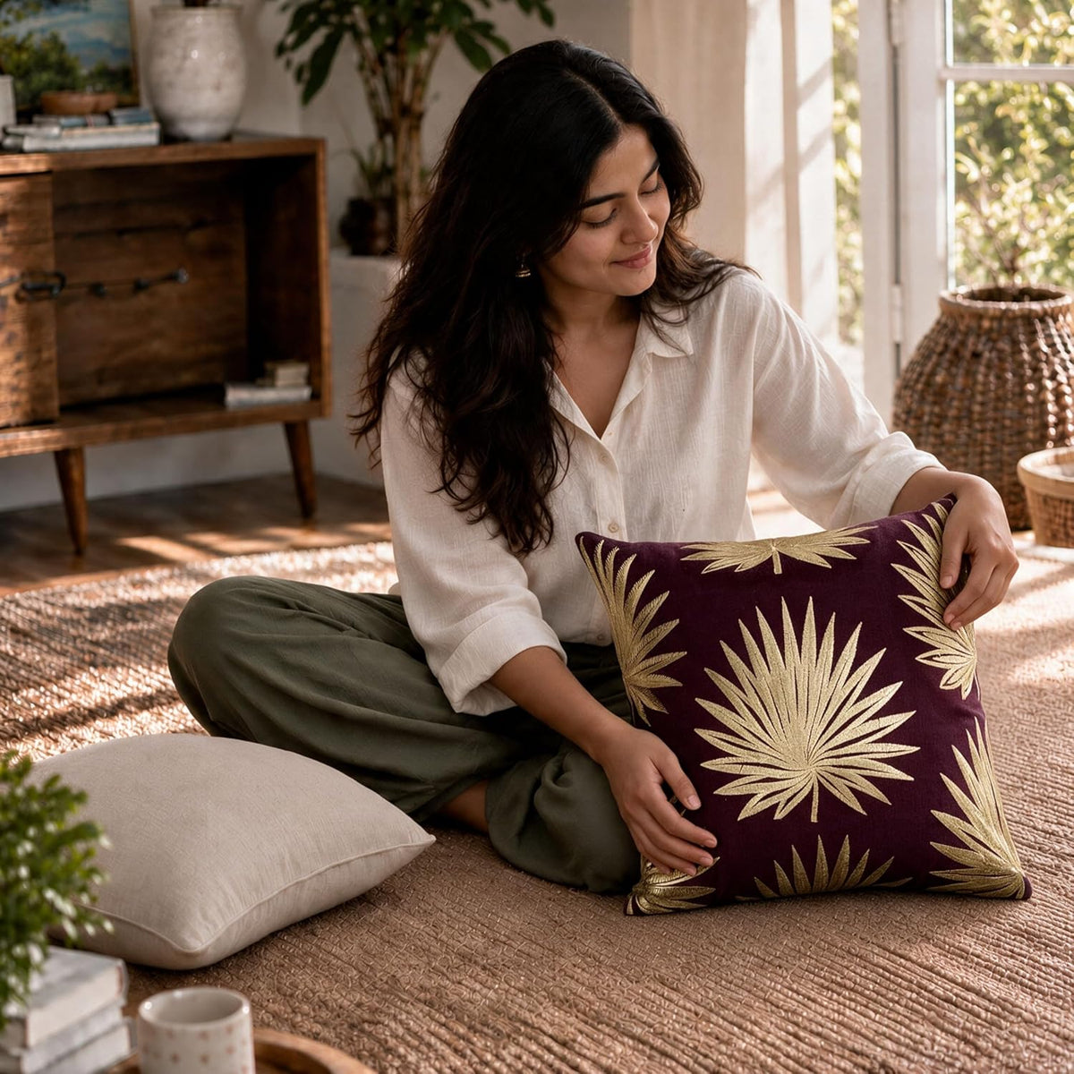 HOKIPO Embroidered Cushion Cover with Foil Print, Palm Leaf Burgundy, 16 x 16 in - image 7