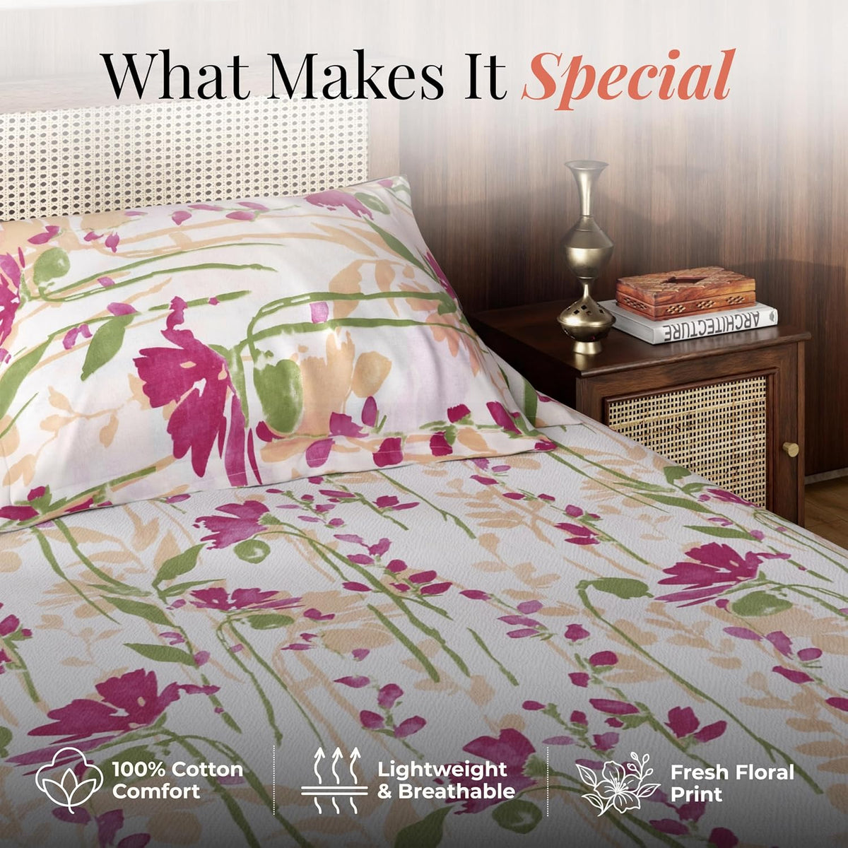 HOKIPO King Size Cotton Bedsheet, 2 Pillow Covers, Painted Garden, Fuchsia - image 4