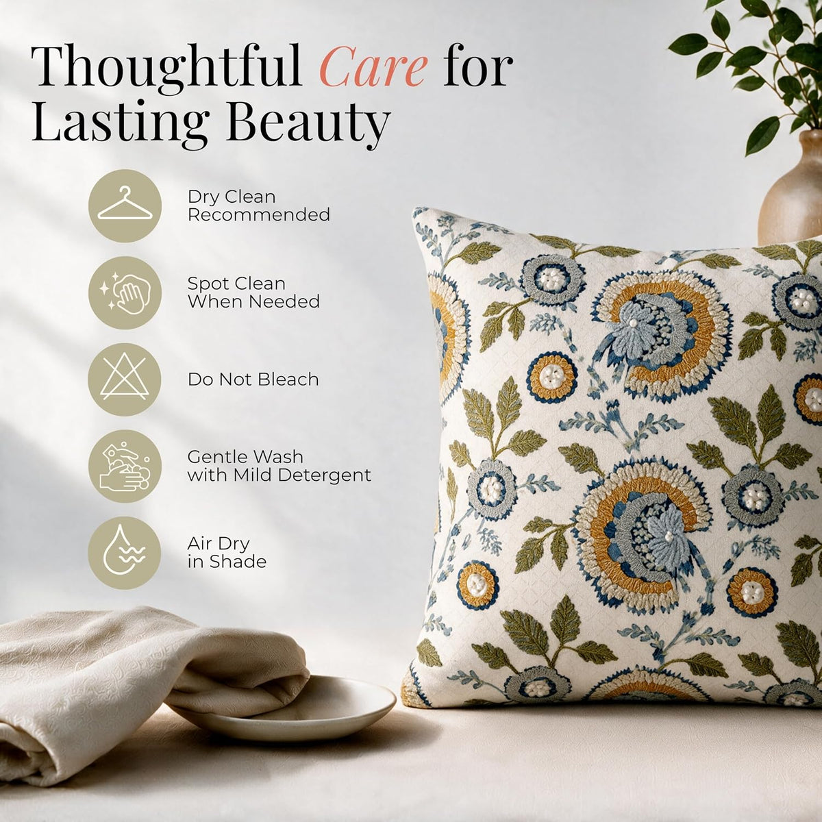 HOKIPO Chenille Embroidered Cushion Cover, Floral Motif Sage Blue, 16 x 16 in - image 6