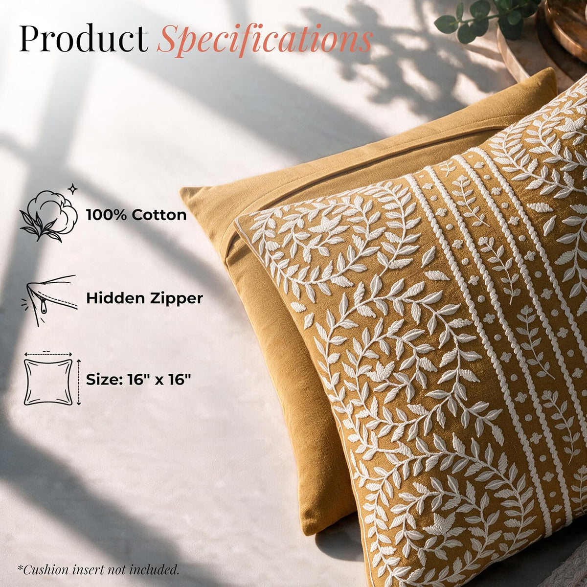 HOKIPO Printed Cushion Cover with Embroidery, Botanical Stripe Mustard, 16 x 16 in - image 4