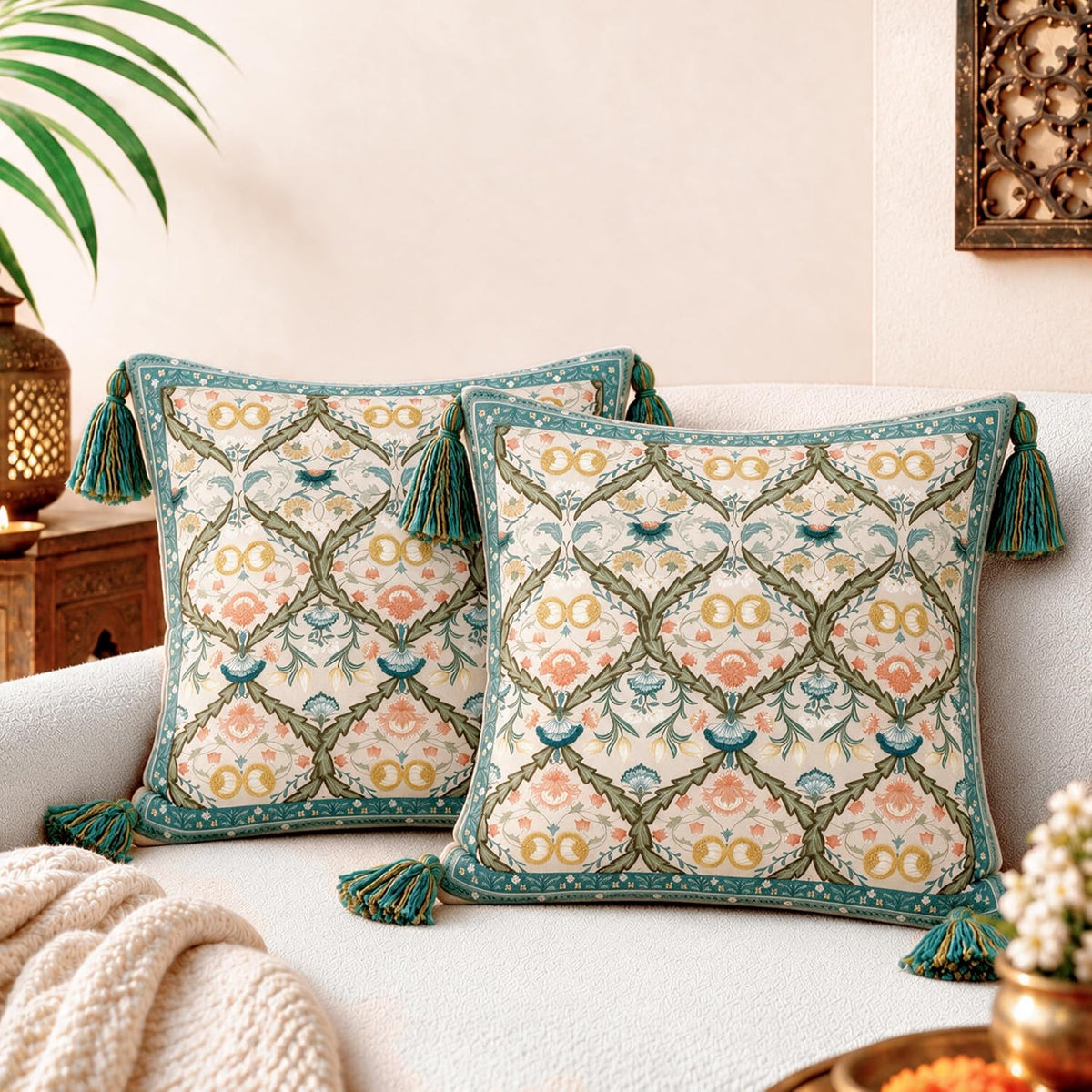 HOKIPO Floral Motif Printed & Embroidered Cushion Cover, Teal, Set of 2 - image 1
