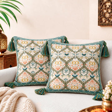 HOKIPO Floral Motif Printed & Embroidered Cushion Cover, Teal, Set of 2 - image 1