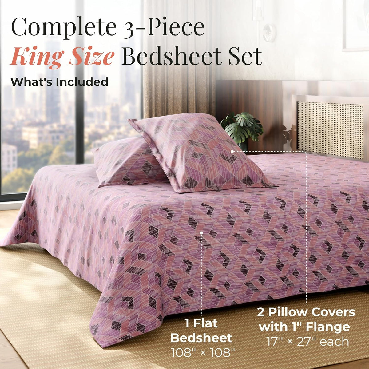 HOKIPO King Size Cotton Bedsheet, 2 Pillow Covers, Linear Geometry, Rose - image 7