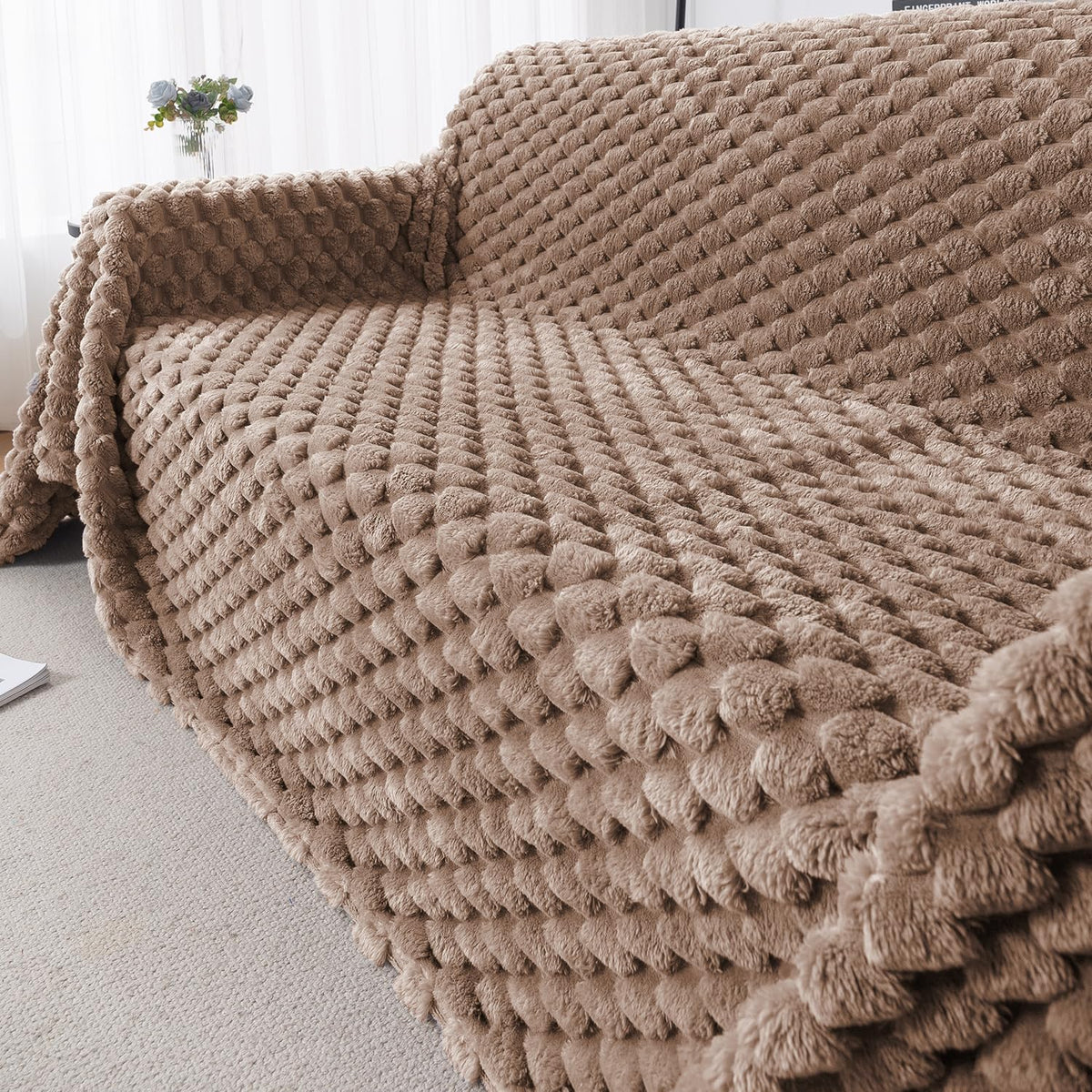 Luxury Rabbit Wool Plush Sofa Throw, Canvas Brown