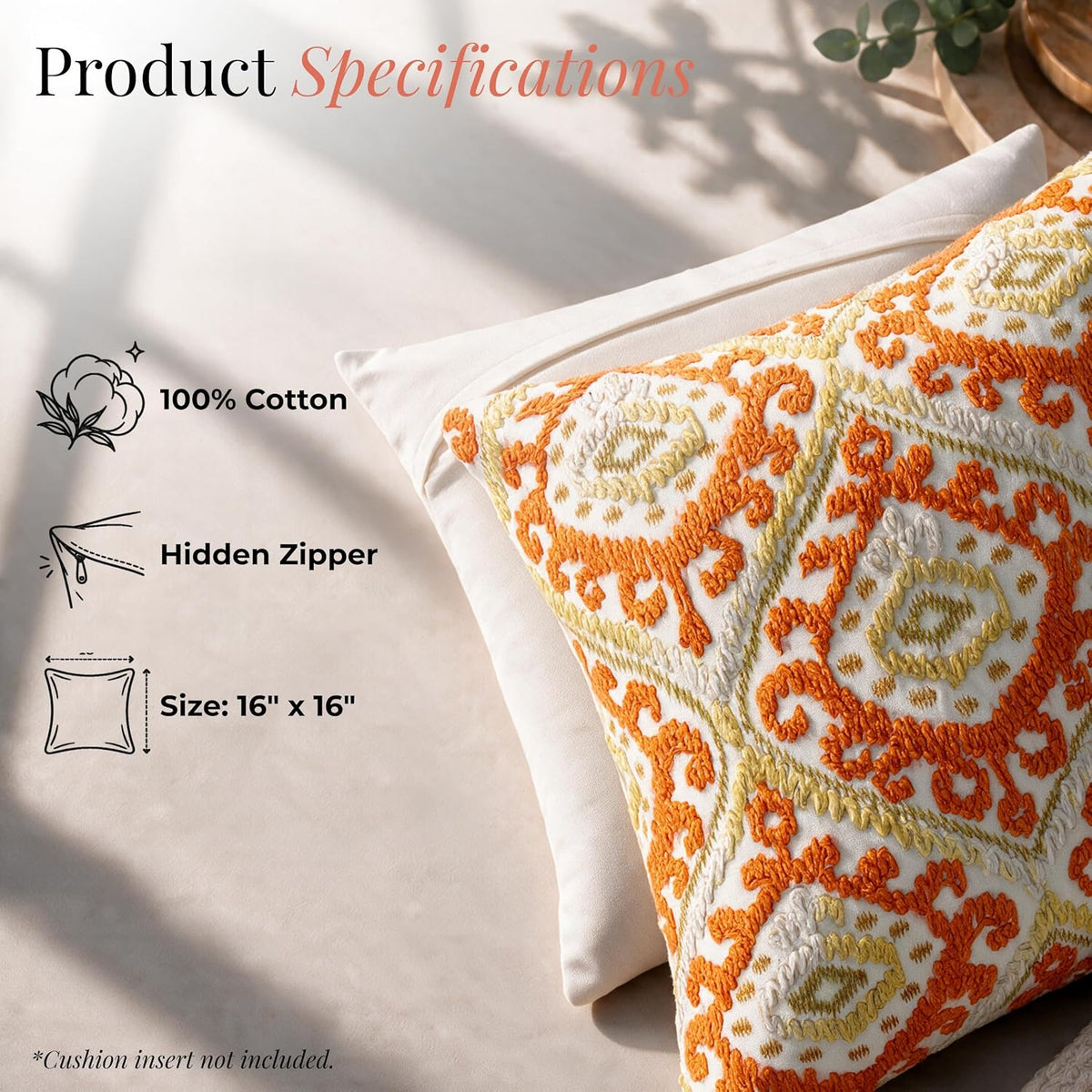 HOKIPO Printed Cushion Cover with Embroidery, Paisley Saffron Orange, 16 x 16 in - image 4
