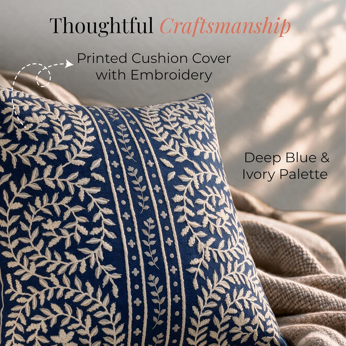 HOKIPO Printed Cushion Cover with Embroidery, Botanical Stripe Blue, 16 x 16 in - image 3