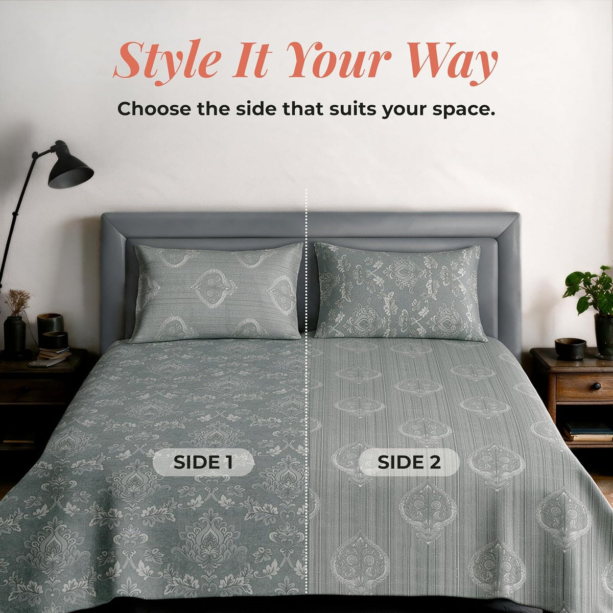HOKIPO King Size Cotton Bedsheet, 2 Pillow Covers, Reversible, Sage Green - image 3