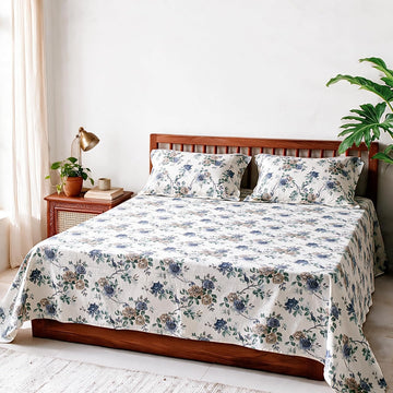 HOKIPO Floral 180 TC Cotton Twill Flat Bedsheet in King Size, Blue & White - image 1