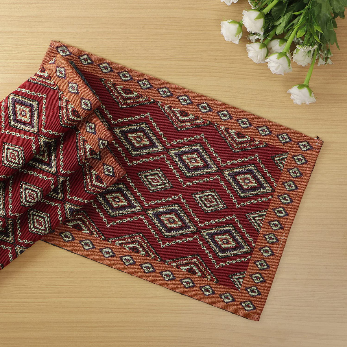 Cotton Jacquard Dining Table Mats, Red Diamond