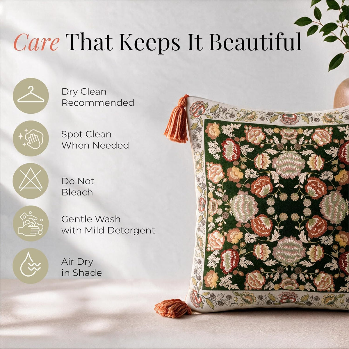 HOKIPO Garden Floral Printed & Embroidered Cushion Cover, Terracotta, Set of 2 - image 7