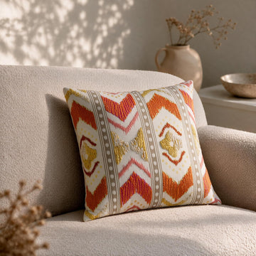 HOKIPO Printed Cushion Cover with Embroidery, Boho Chevron Jasper Orange, 16 x 16 in - image 1