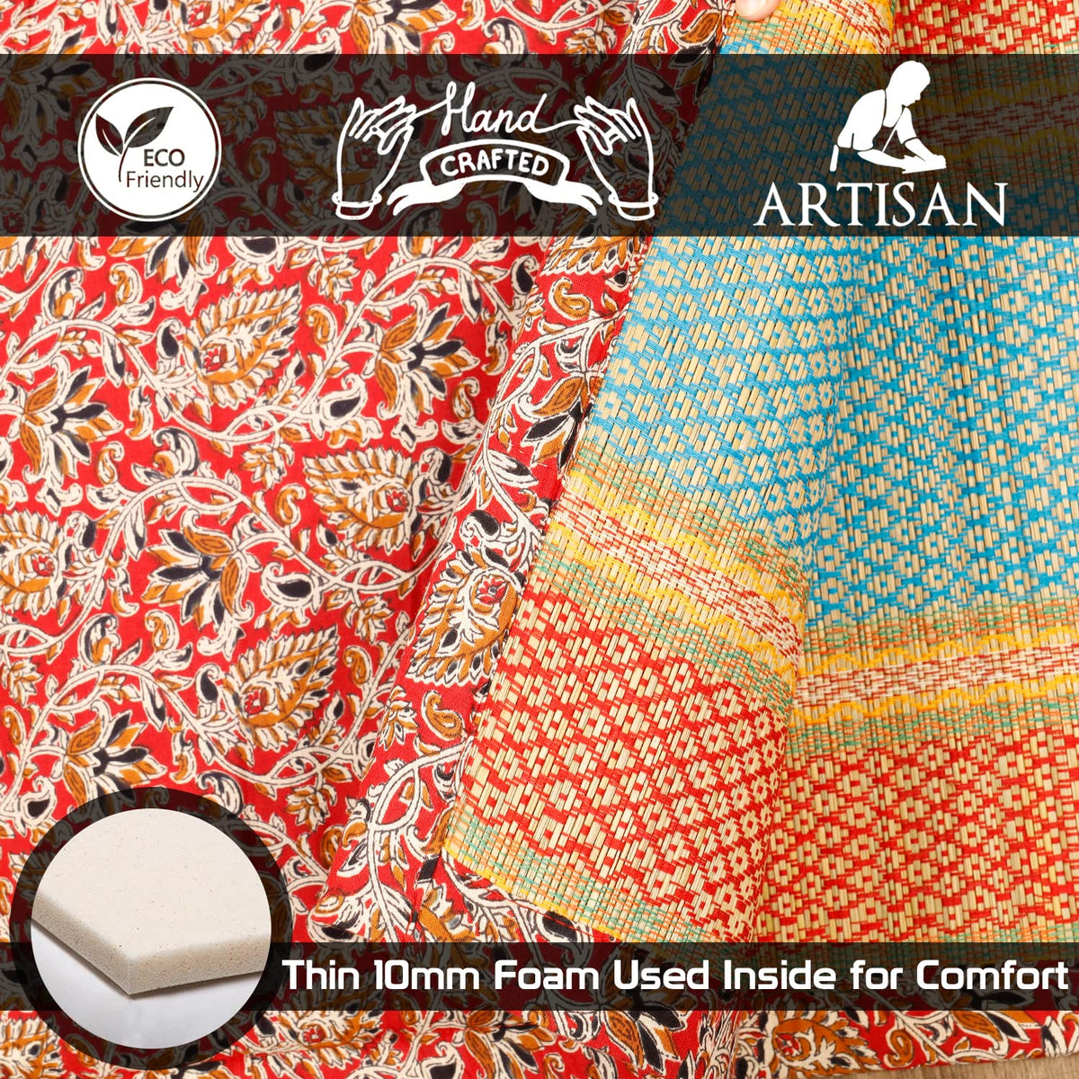 Red Handcrafted Madurkathi mat with Kalamkari design and 10mm foam for comfort, eco-friendly material.