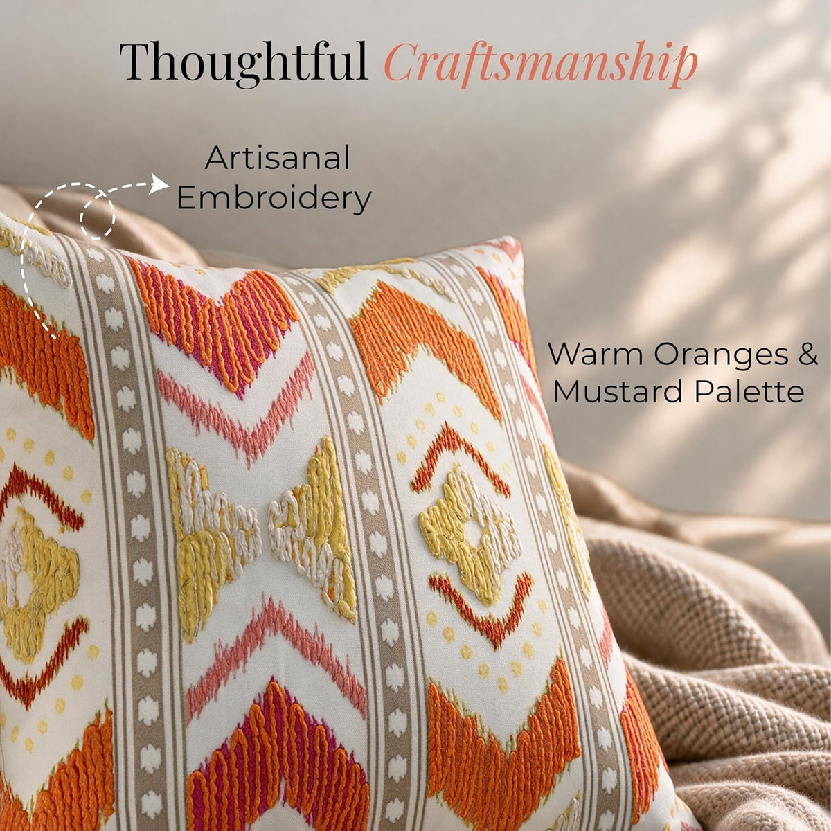 HOKIPO Printed Cushion Cover with Embroidery, Boho Chevron Jasper Orange, 16 x 16 in - image 3