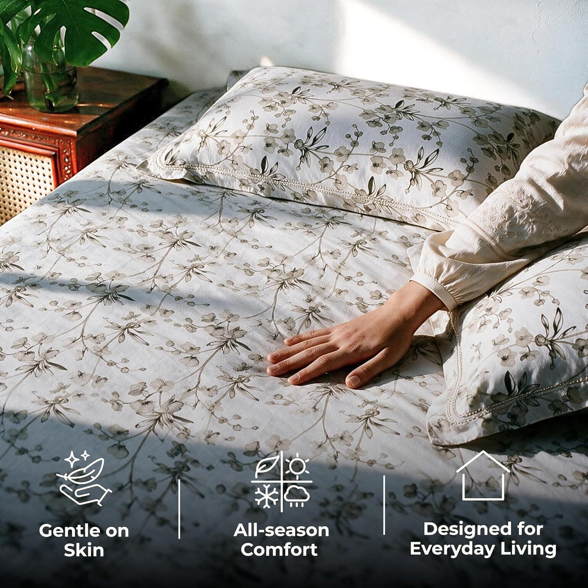 HOKIPO Cherry Blossom 300TC Cotton Sateen Flat Bedsheet, King, Seaweed & Sage - image 4