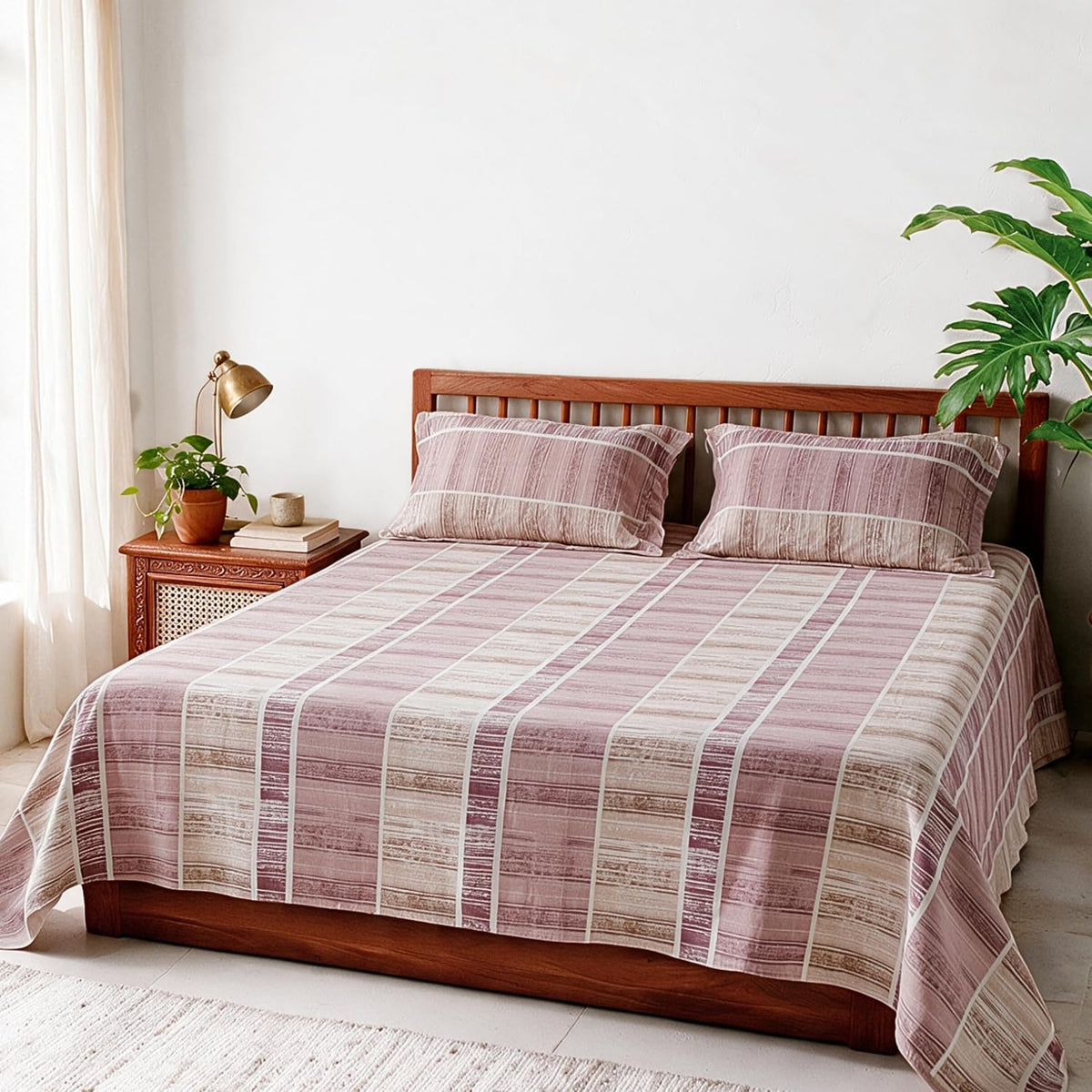 HOKIPO 180 TC Cotton Twill Flat Bedsheet in King Size, Purple & Pink - image 1