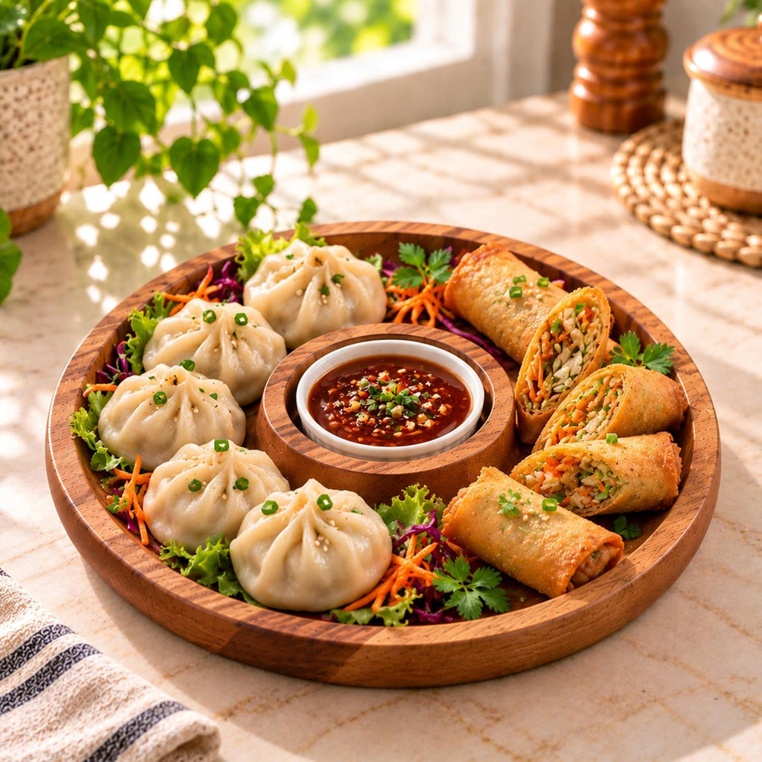 HOKIPO Arbor Acacia Wood Chip and Dip Platter, Round Dimsum Plate, 25 cm - image 1