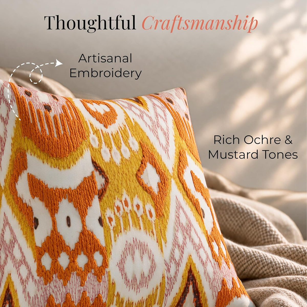 HOKIPO Printed Cushion Cover with Embroidery, Boho Ikat Marigold, 16 x 16 in - image 3
