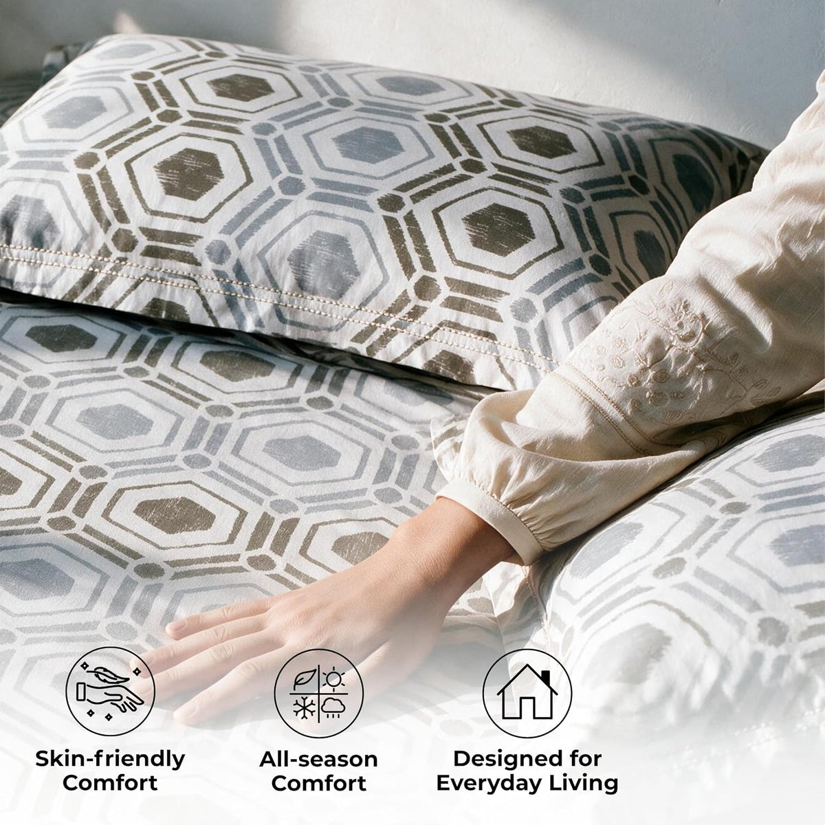 HOKIPO Geometric 180 TC Cotton Percale Flat Bedsheet, King Size, Buff Grey - image 4