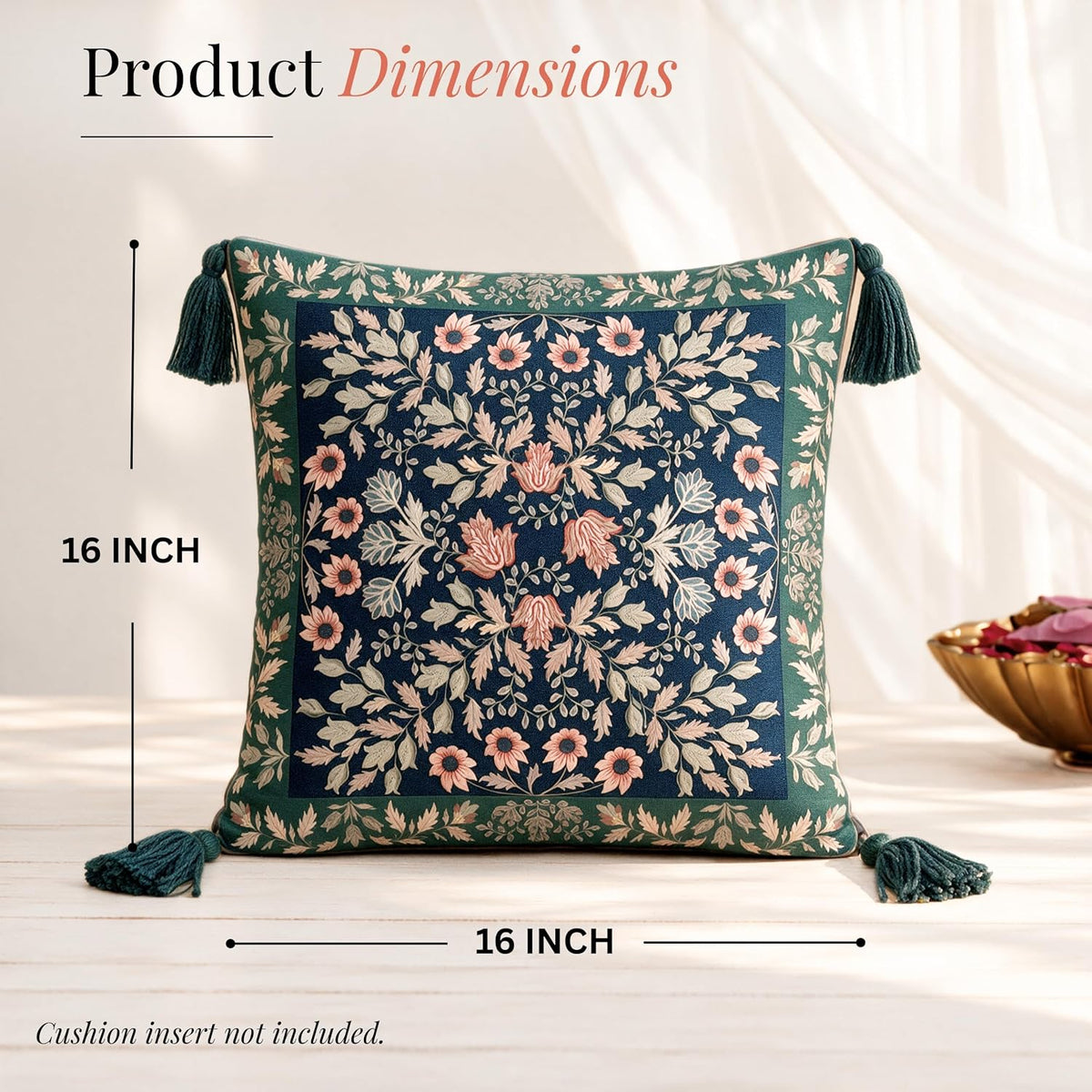 HOKIPO Floral Printed & Embroidered Cushion Cover, Midnight Blue, Set of 2 - image 6