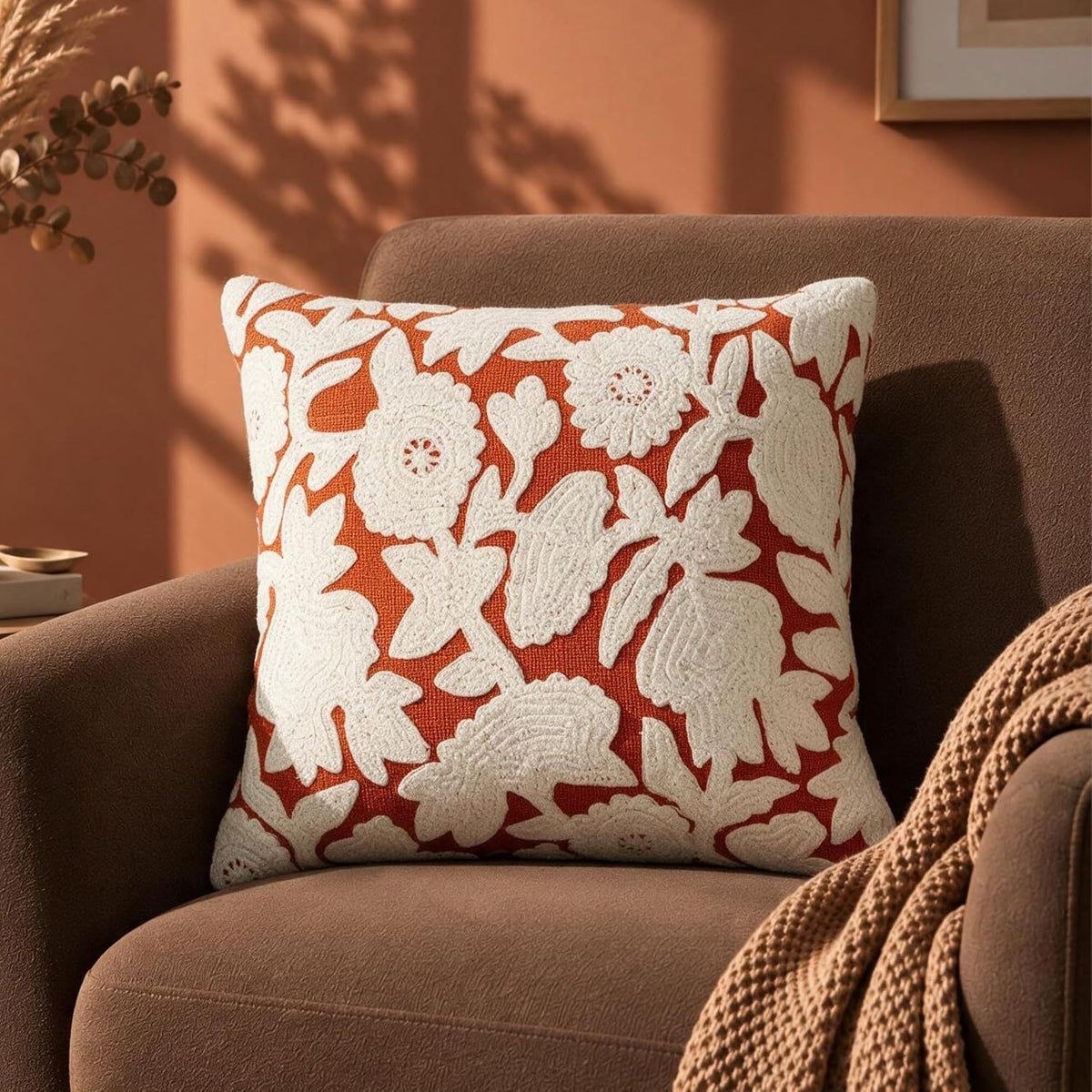 HOKIPO Plush Crewel Embroidery Cushion Cover, Floral Burnt Orange, 16 x 16 in - image 1